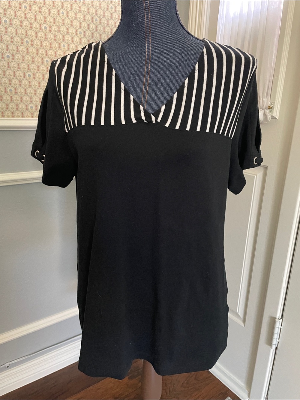 NTN Women's Black V-Neck Top with Striped Yoke